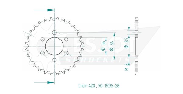 Задняя звезда Esjot 50-13035-28 (аналог JTR1780.28) для Kawasaki 50 KDX 3